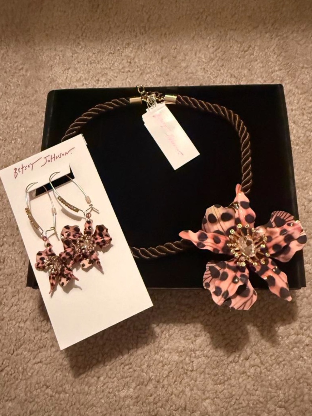 Betsey Johnson Pink & Brown Leopard Flower Necklace with Matching Earrings
